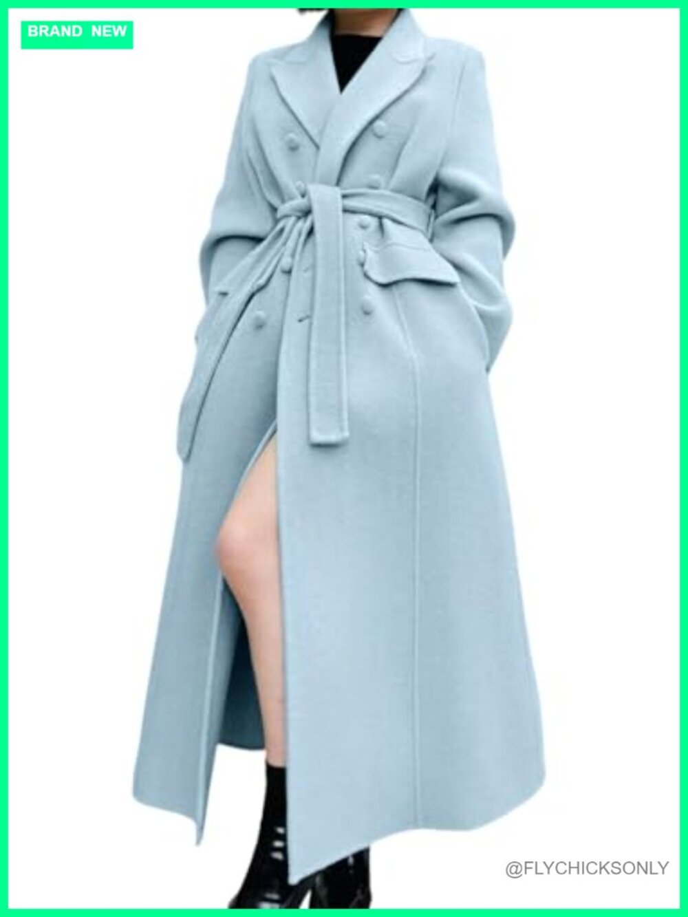 Wool Blend Pea Coat Long Double Breasted Trench Overcoat with Belt